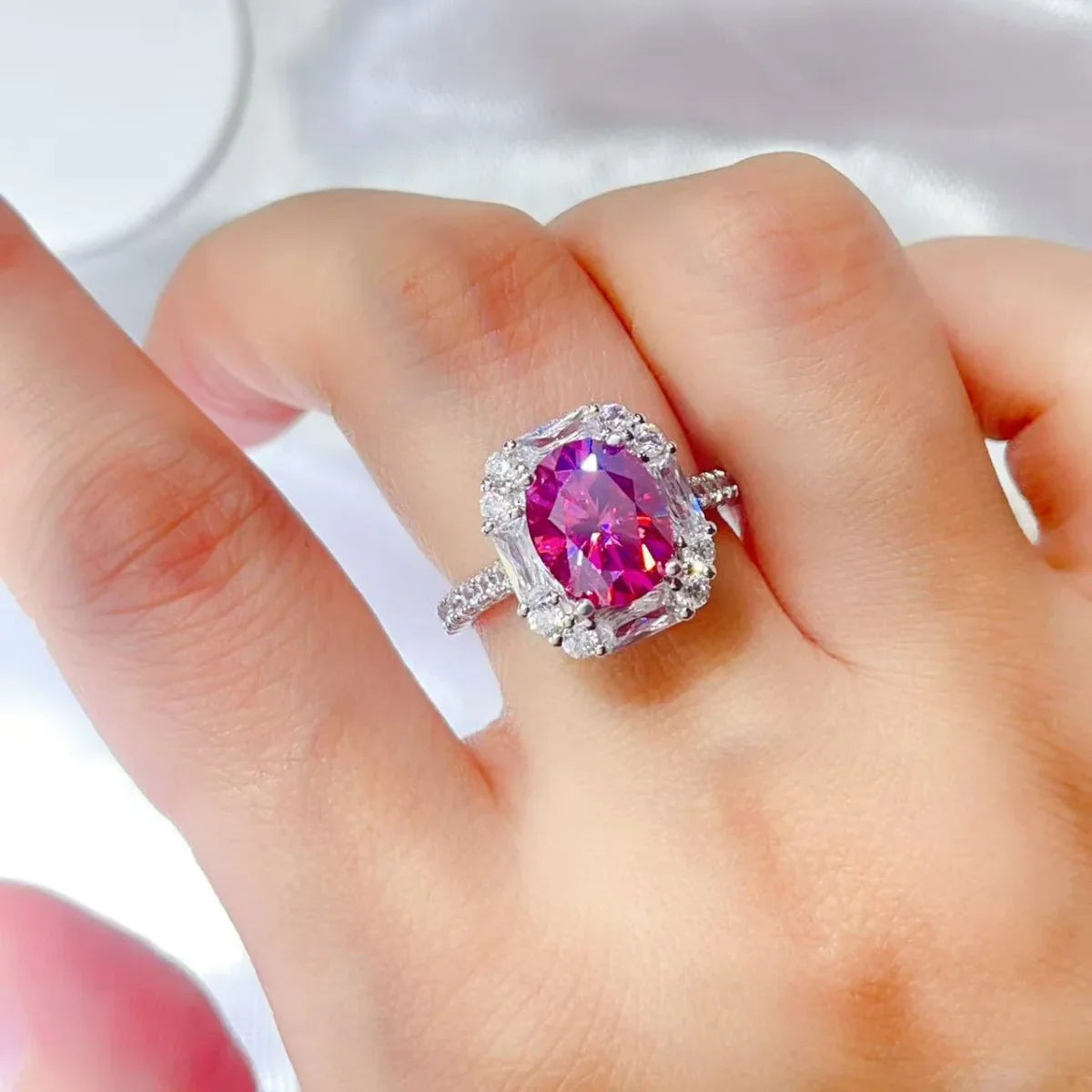 Three Carat Moissanite Ring In Sterling Silver With Halo Setting - Southern Shores Clothing