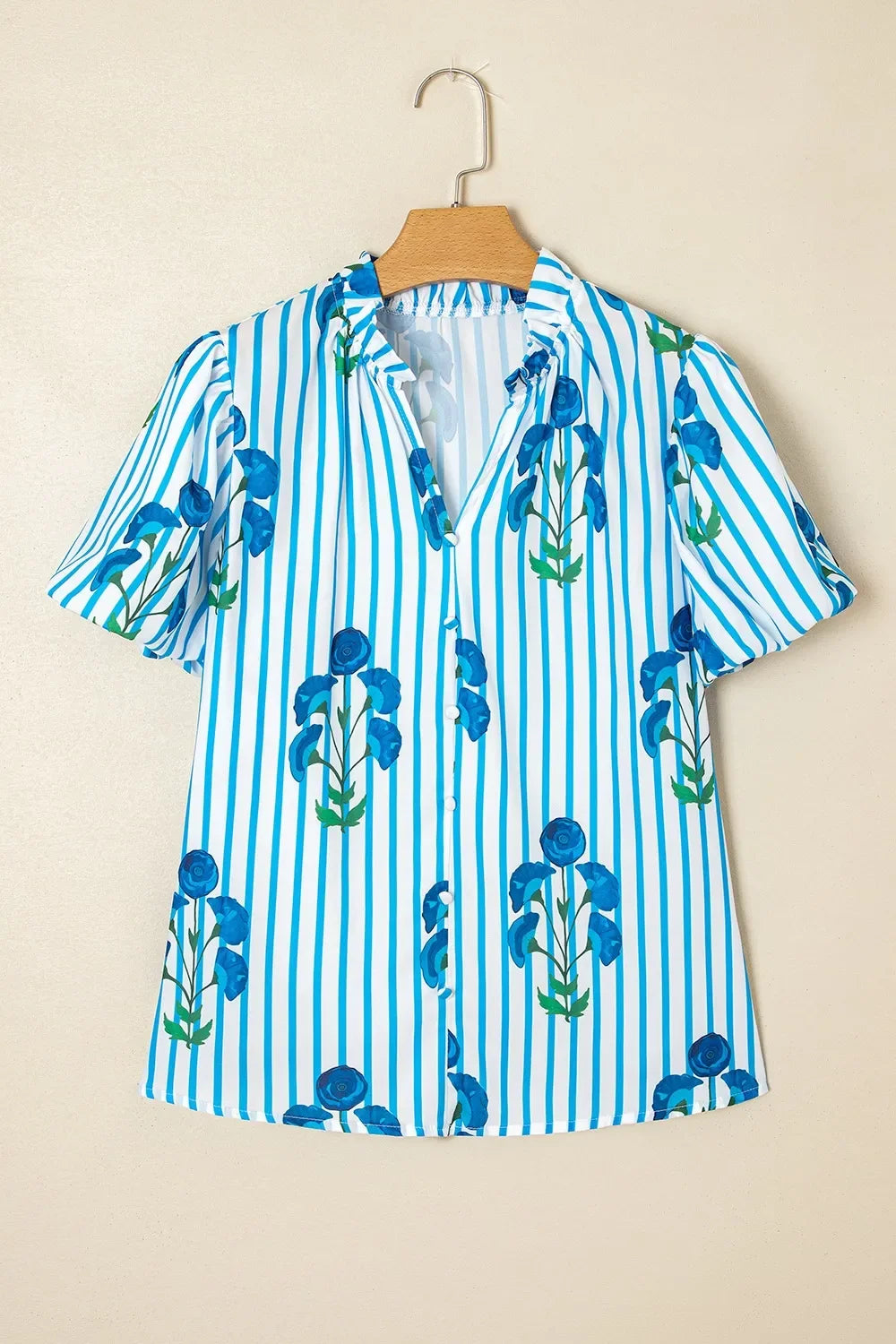 Striped Floral Notched Neck Puff Sleeve Blouse - Southern Shores Clothing