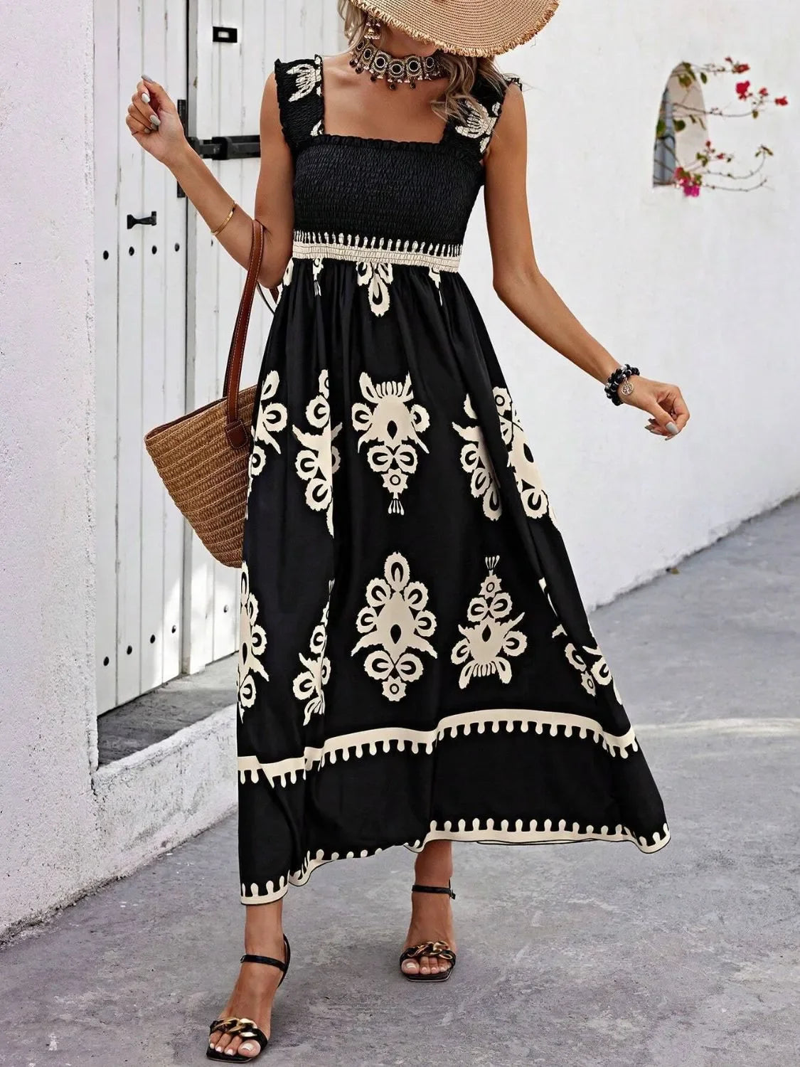 Smocked Printed Maxi Dress With Wide Straps Boho Style Details - Southern Shores Clothing