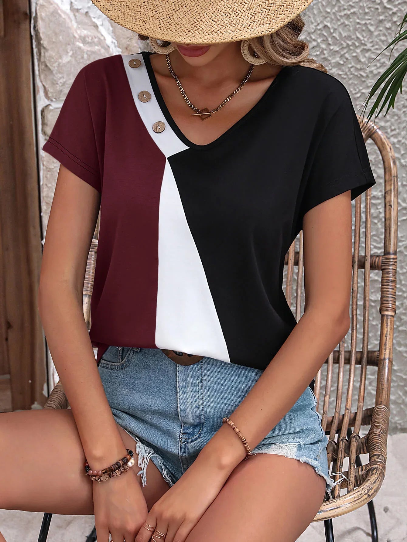 Block V Neck T Shirt With Decorative Buttons - Southern Shores Clothing