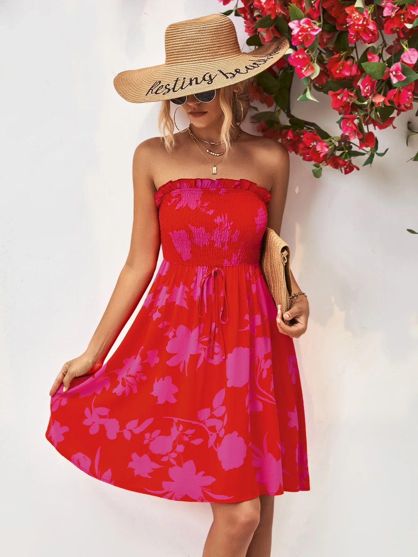 Floral Frill Trim Strapless Smocked Dress - Southern Shores Clothing