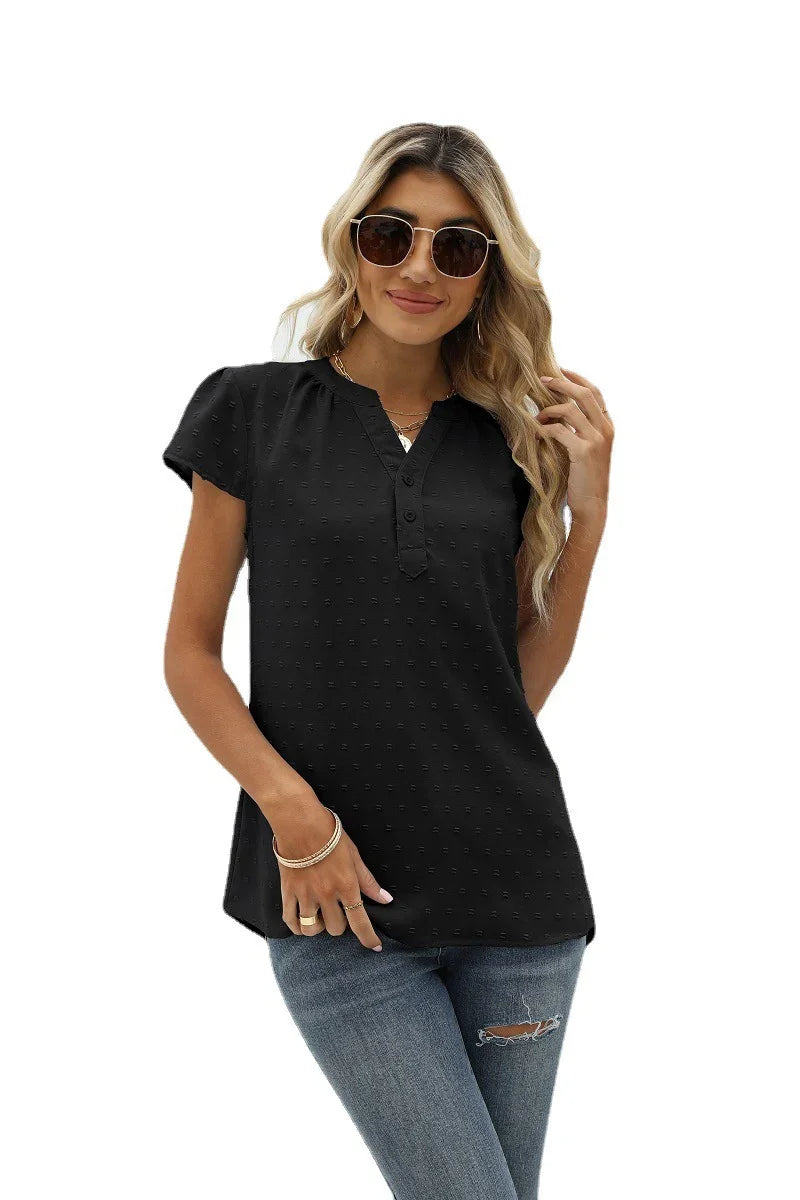 Swiss Dot Notched Neck Short Sleeve Top Casual Wear - Southern Shores Clothing