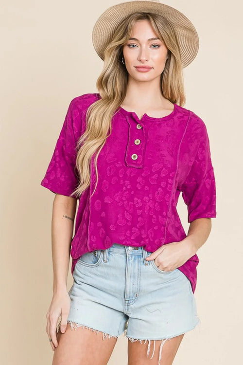Animal Print Textured Blouse With Button Placket Relaxed Fit - Southern Shores Clothing
