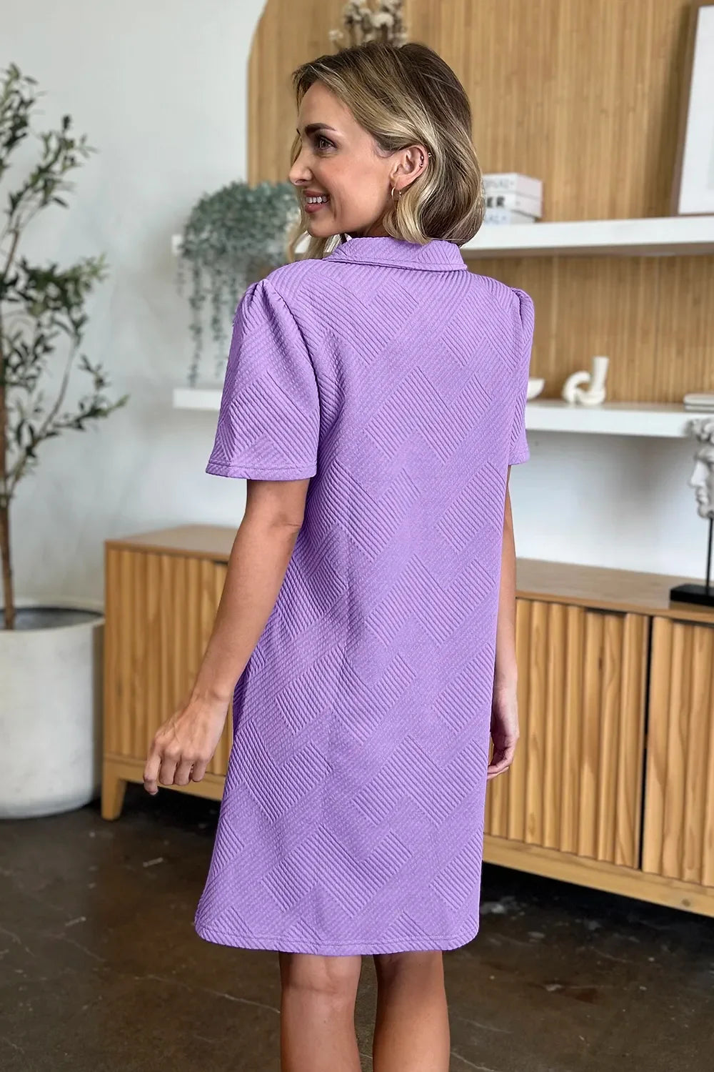 Textured Collared Neck Short Sleeve Dress - Southern Shores Clothing