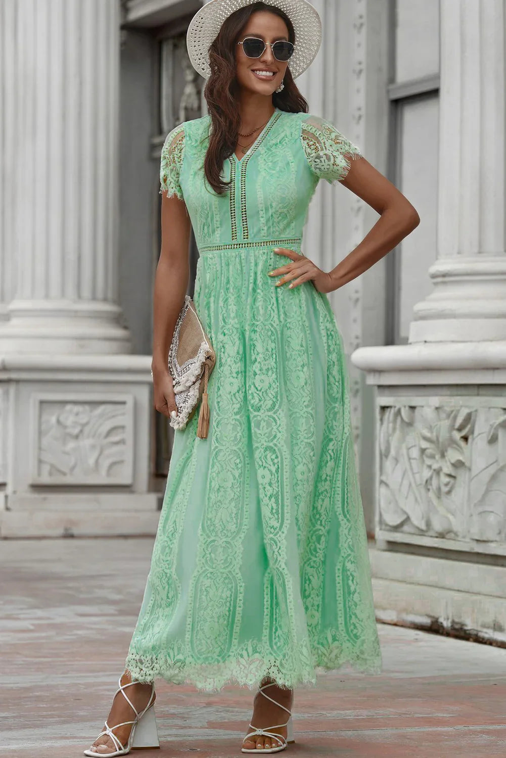 Scalloped Trim Lace Plunge Dress - Southern Shores Clothing