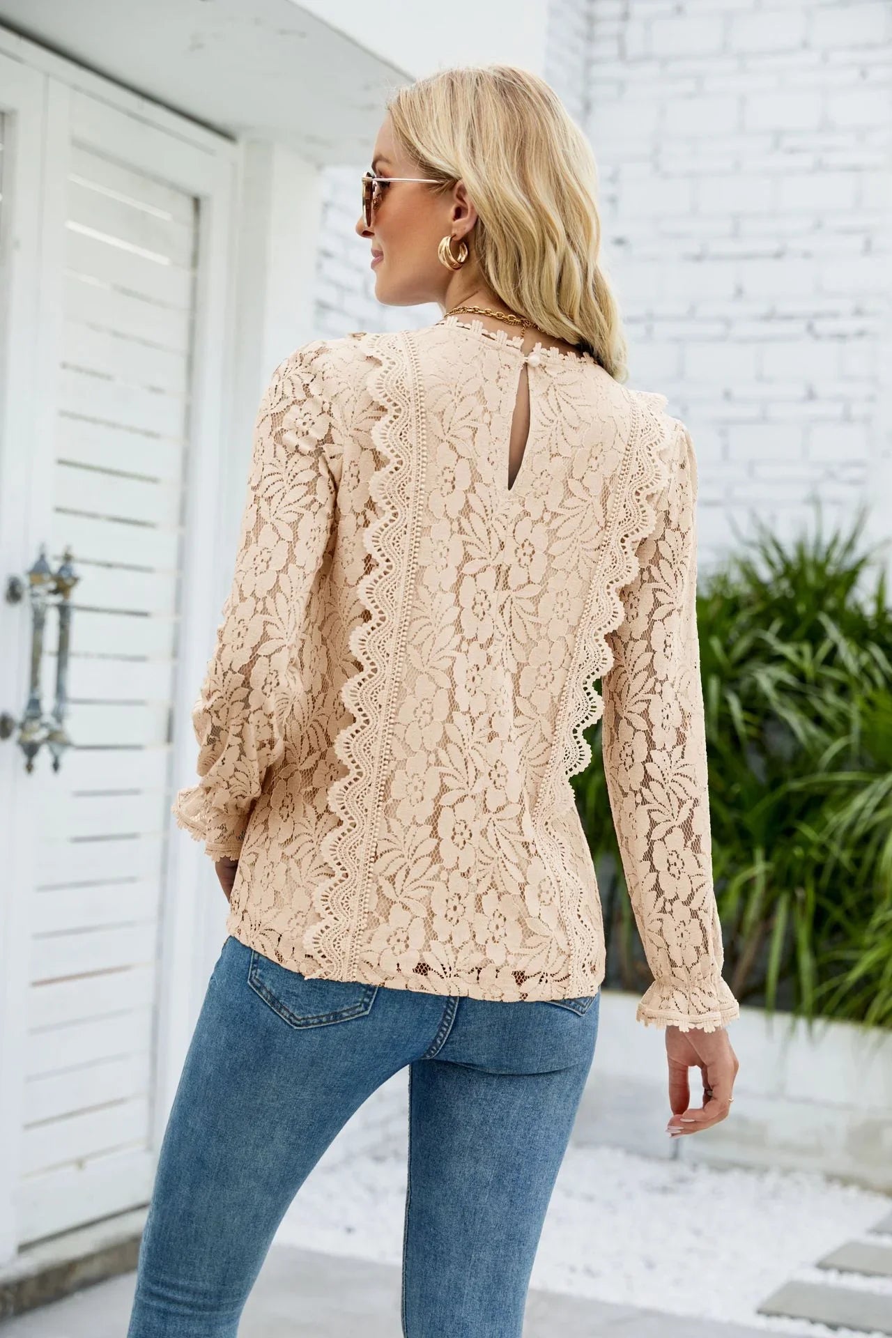 V Neck Flounce Sleeve Lace Top With Long Sleeves - Southern Shores Clothing