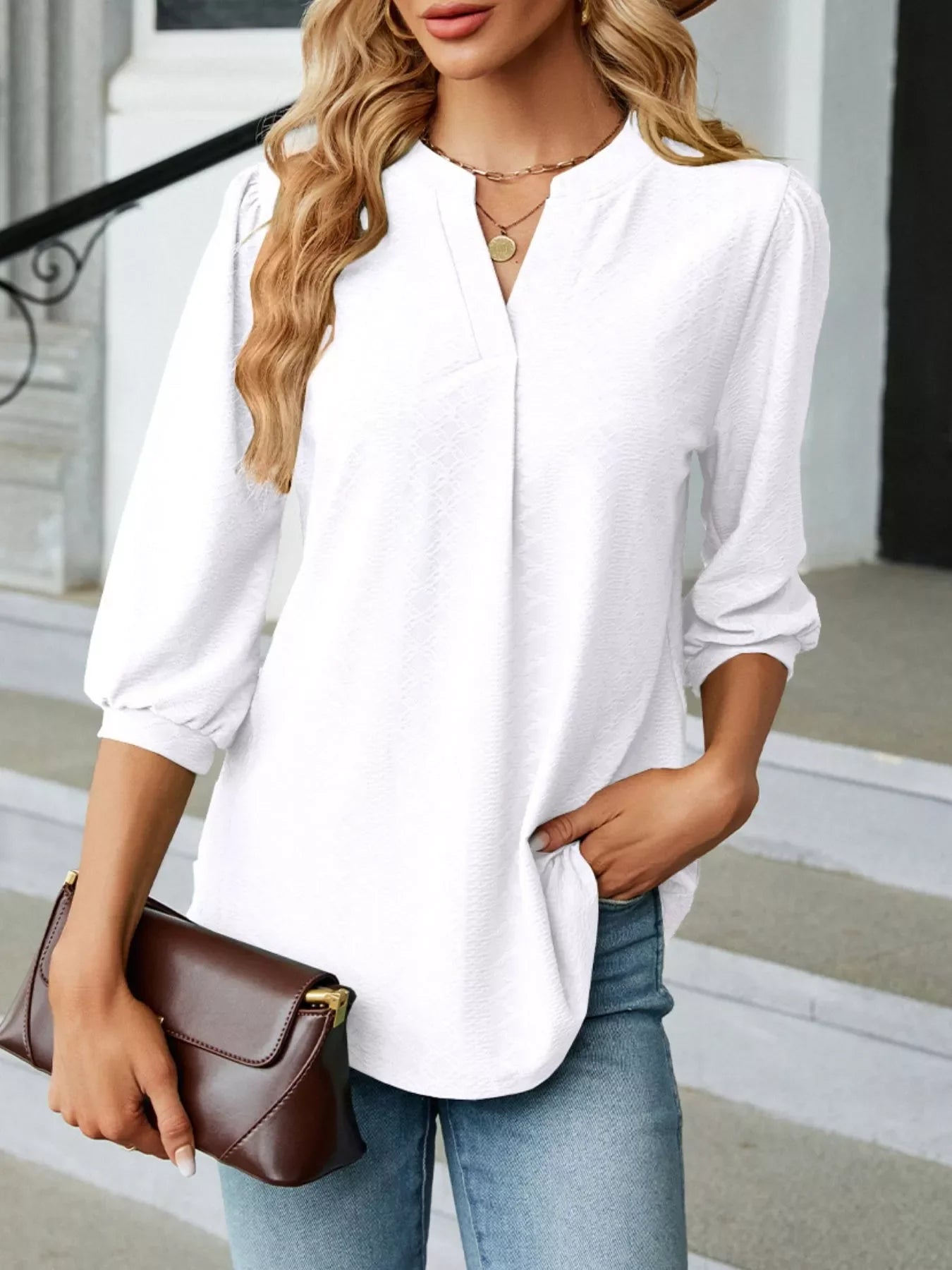 Notched 3/4 Sleeve Casual Top - Southern Shores Clothing