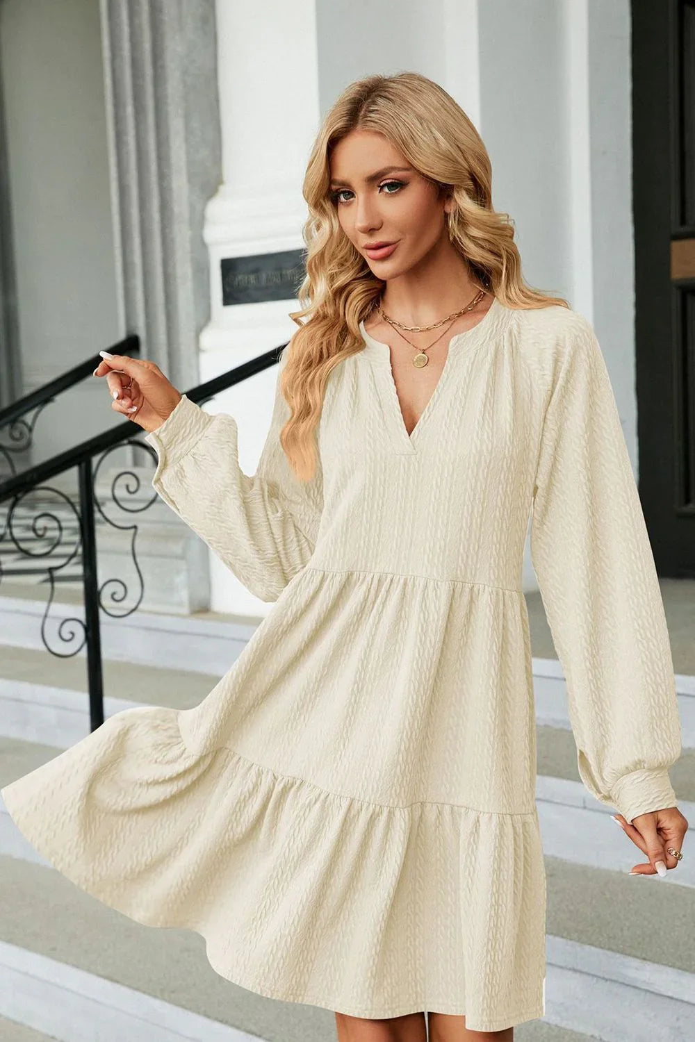 Notched Neck Long Sleeve Mini Dress - Southern Shores Clothing