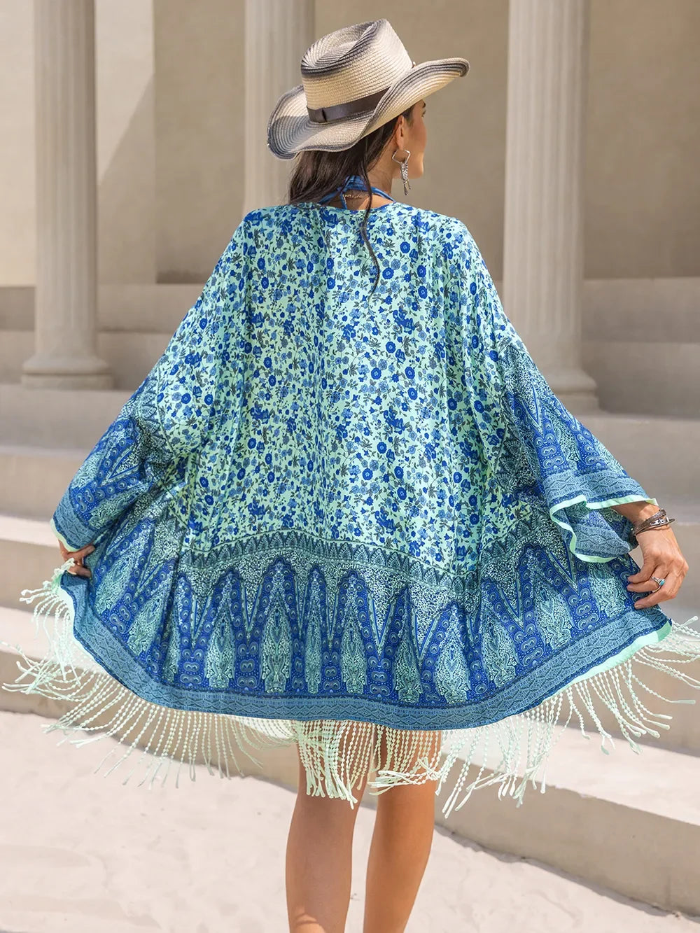 Fringe Printed Open Front Cover-Up Viscose Beachwear - Southern Shores Clothing