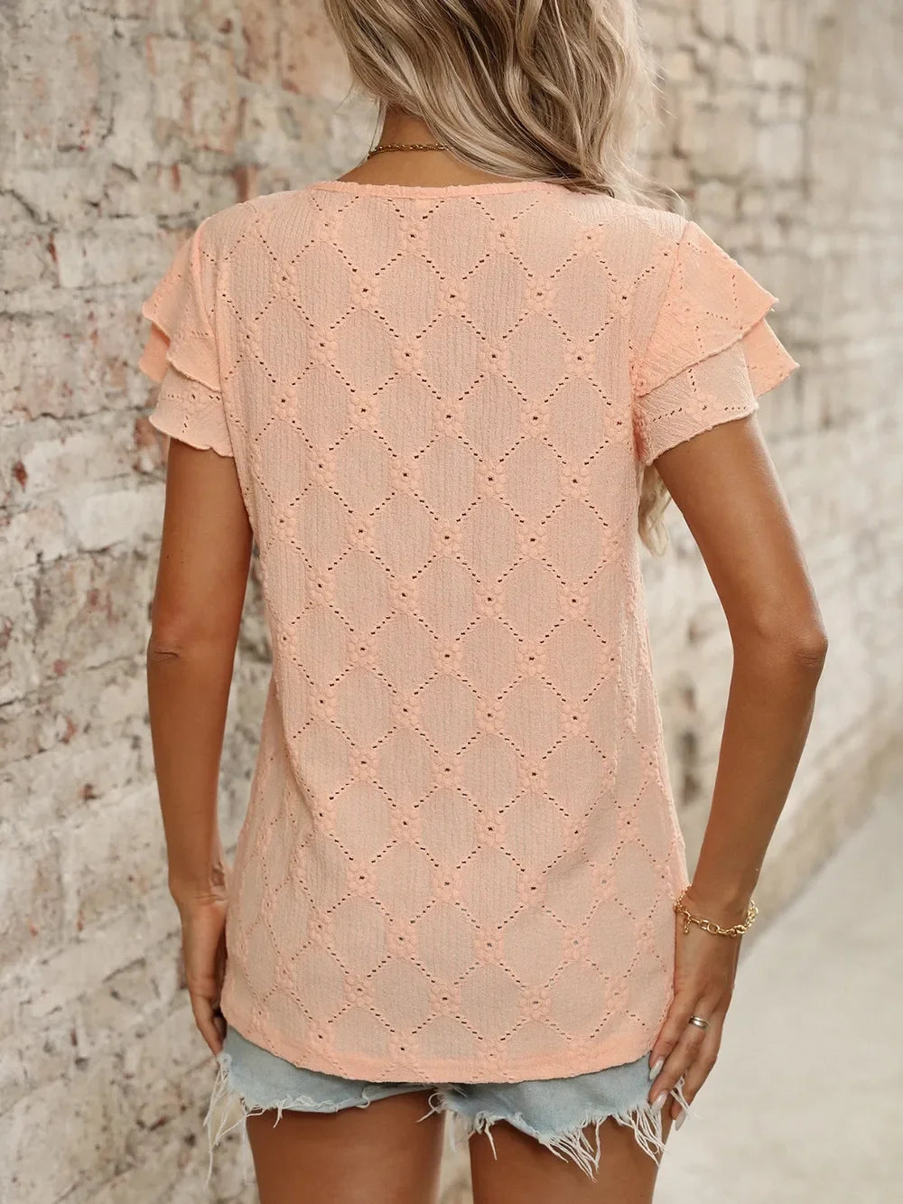 Eyelet Round Neck Ruffled Short Sleeve Top - Southern Shores Clothing