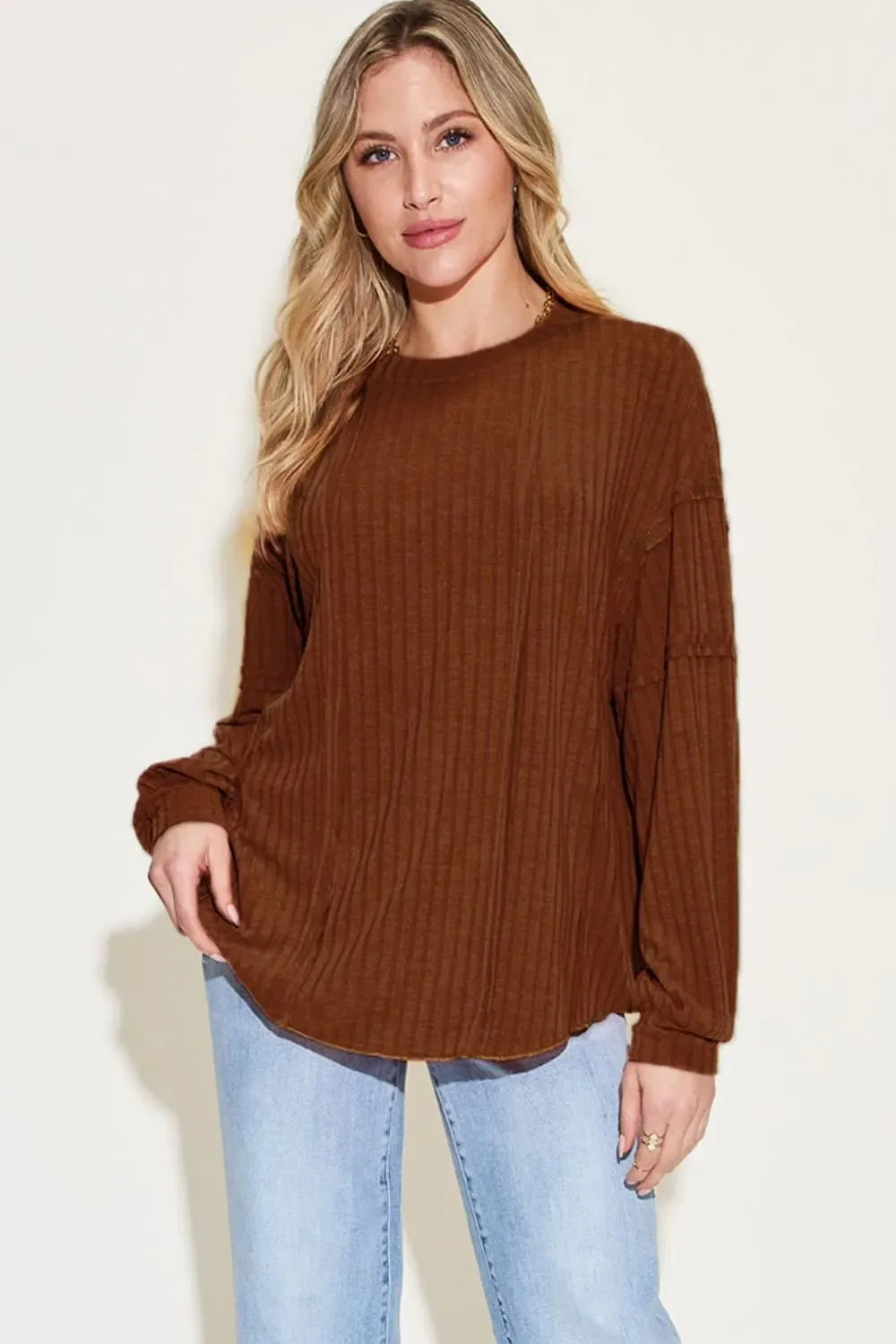 Ribbed Round Neck Long Sleeve T Shirt Basics - Southern Shores Clothing