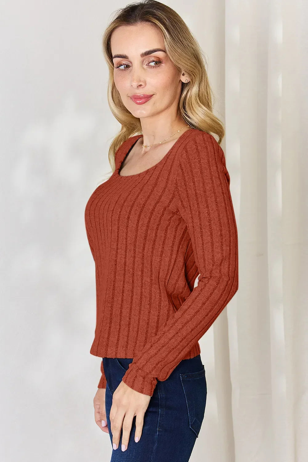 Ribbed Long Sleeve Top Stretch Knit Lightweight - Southern Shores Clothing