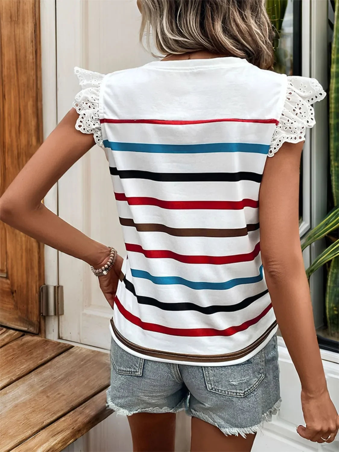 Striped Round Neck Cap Sleeve Lace Detail T Shirt - Southern Shores Clothing