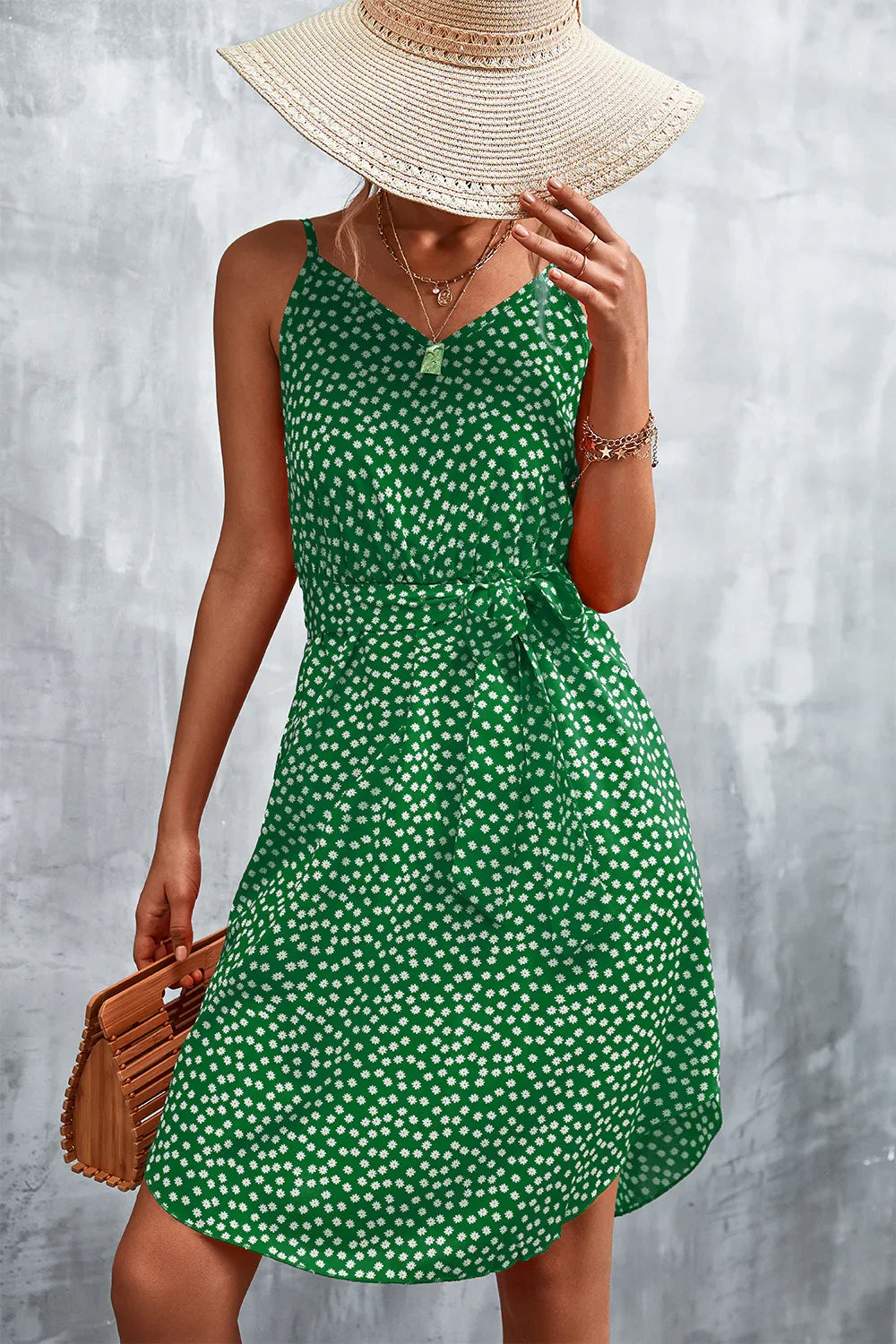 Printed V-Neck Tie Waist Mini Dress - Southern Shores Clothing
