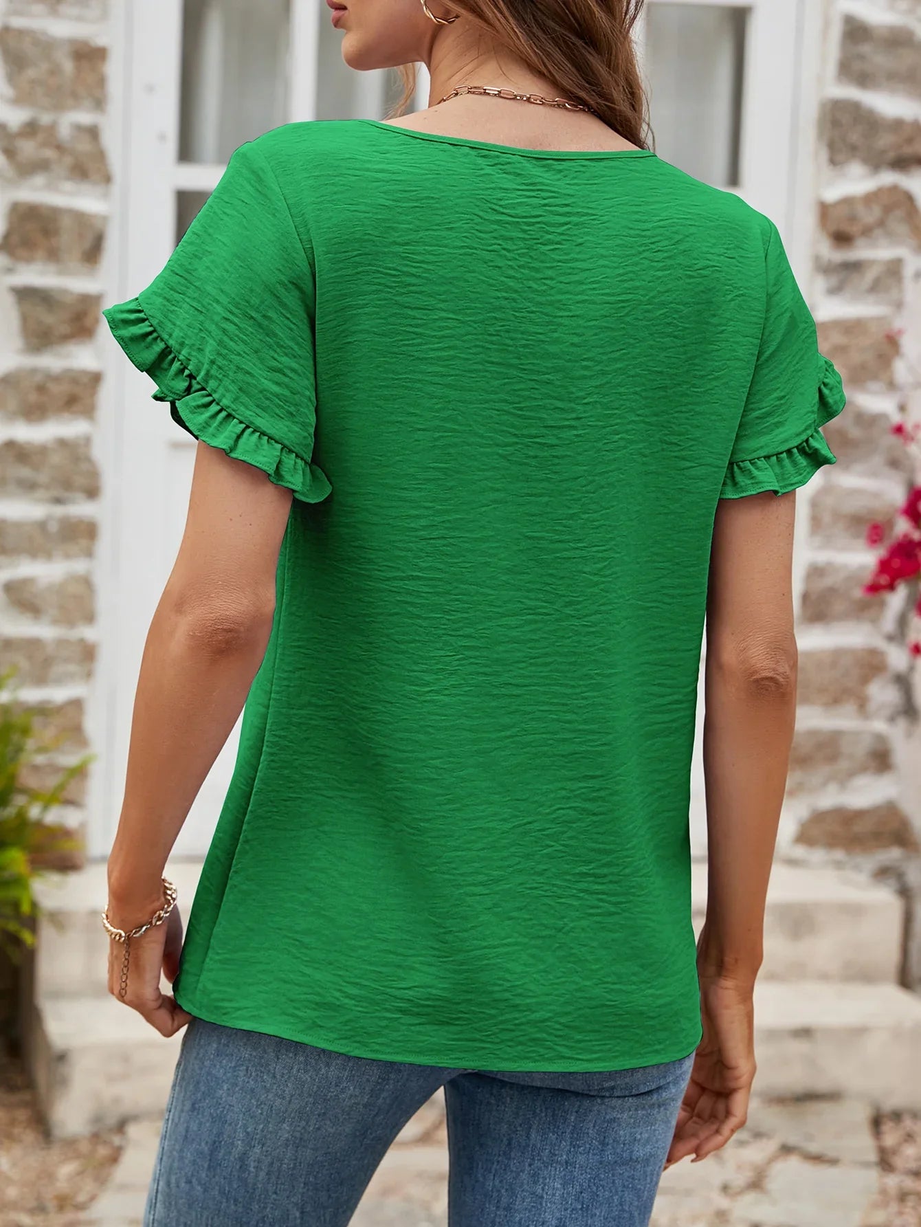 Textured Petal Sleeve Round Neck Tee Polyester - Southern Shores Clothing