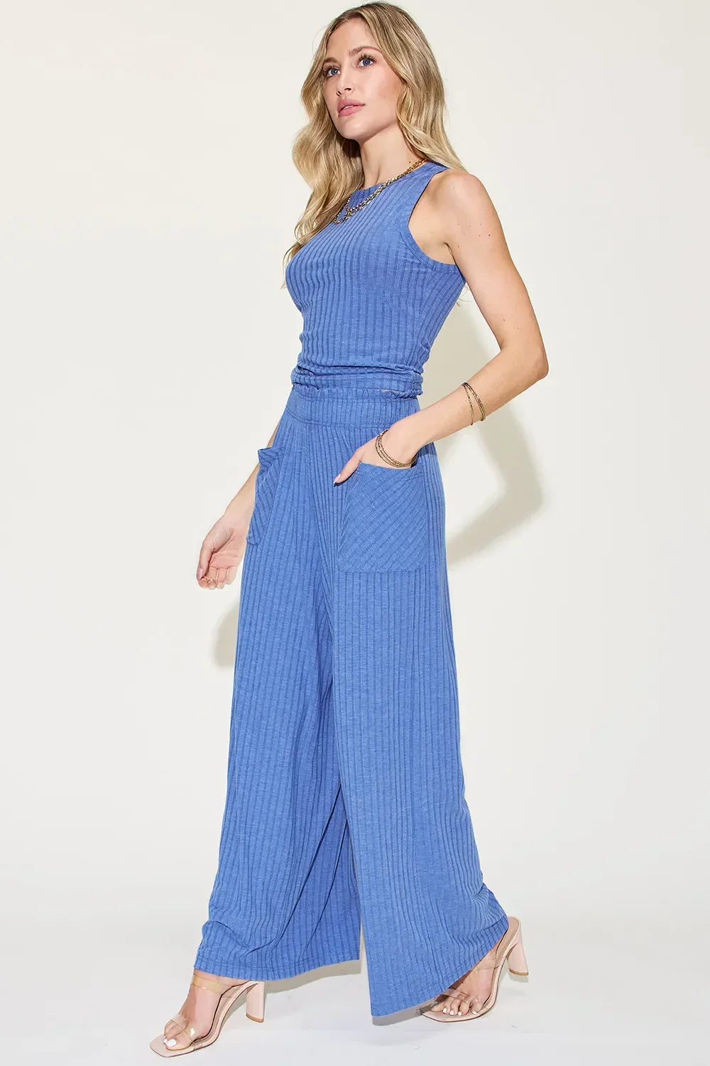 Two Piece Ribbed Tank and Wide Leg Pants Set - Southern Shores Clothing
