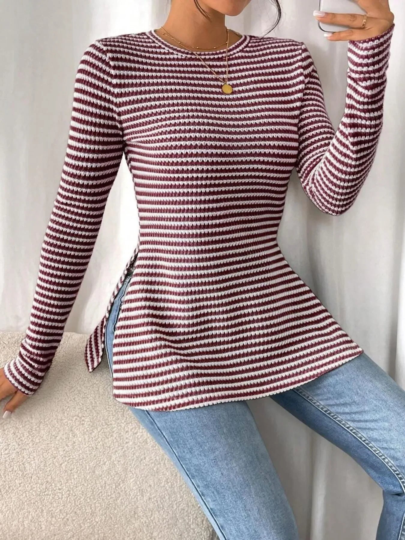 Side Slit Striped Long Sleeve T-Shirt - Southern Shores Clothing