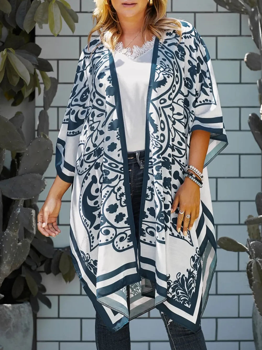 Printed Open Front Swimwear Cover Up One Size - Southern Shores Clothing