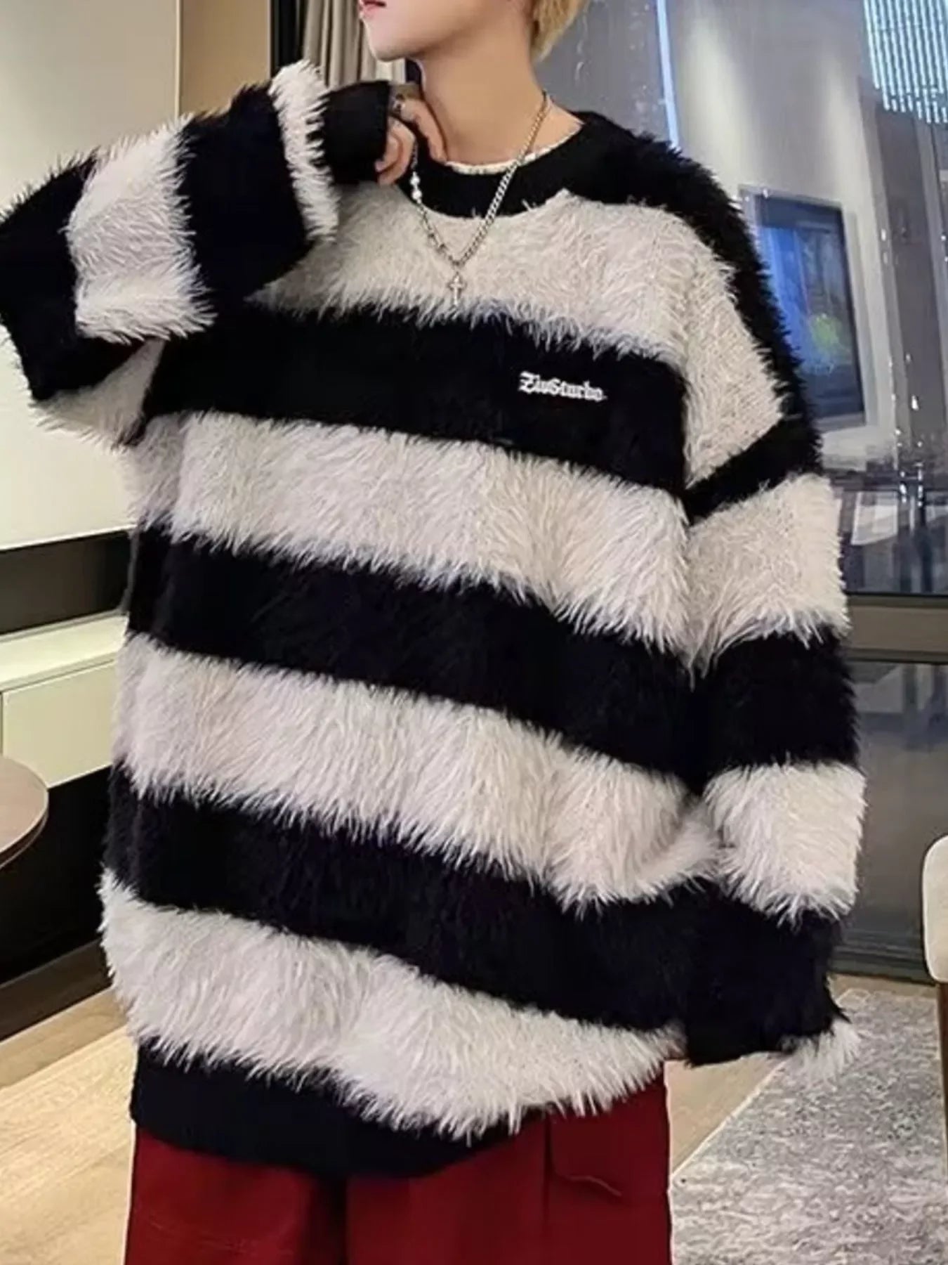 Oversized Striped Fuzzy Knit Pullover Cozy Coastal Sweater - Southern Shores Clothing
