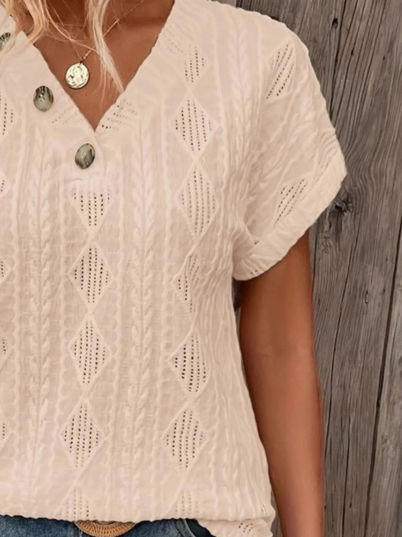 Textured V-Neck Short Sleeve Buttoned Top With Openwork - Southern Shores Clothing