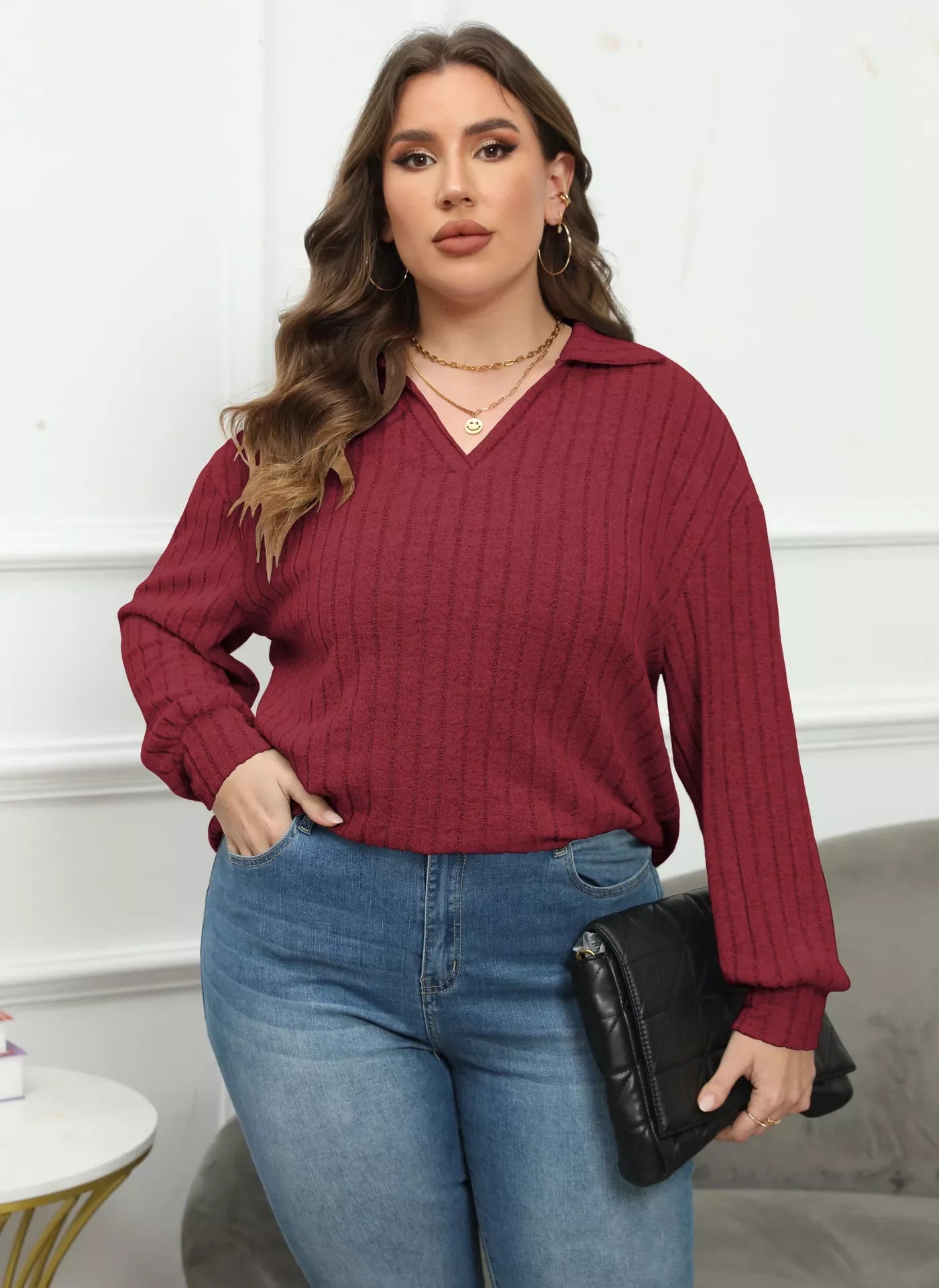 Plus Size Ribbed Knit Polo Collar T Shirt - Southern Shores Clothing
