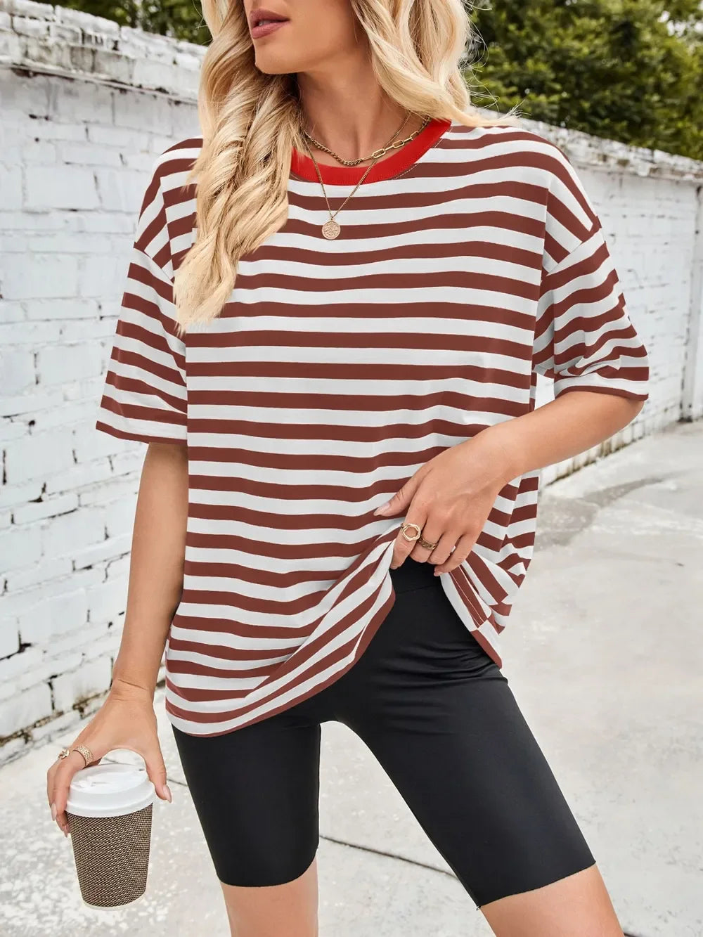Striped Round Neck Half Sleeve Stretchy T Shirt - Southern Shores Clothing