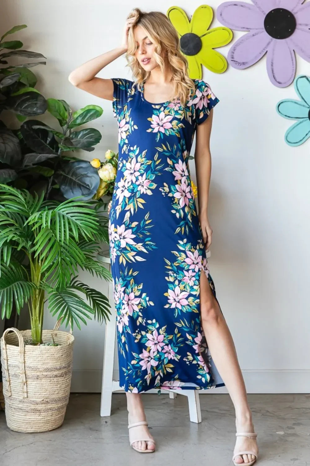 Floral Print Short Sleeve Slit Maxi Dress - Southern Shores Clothing