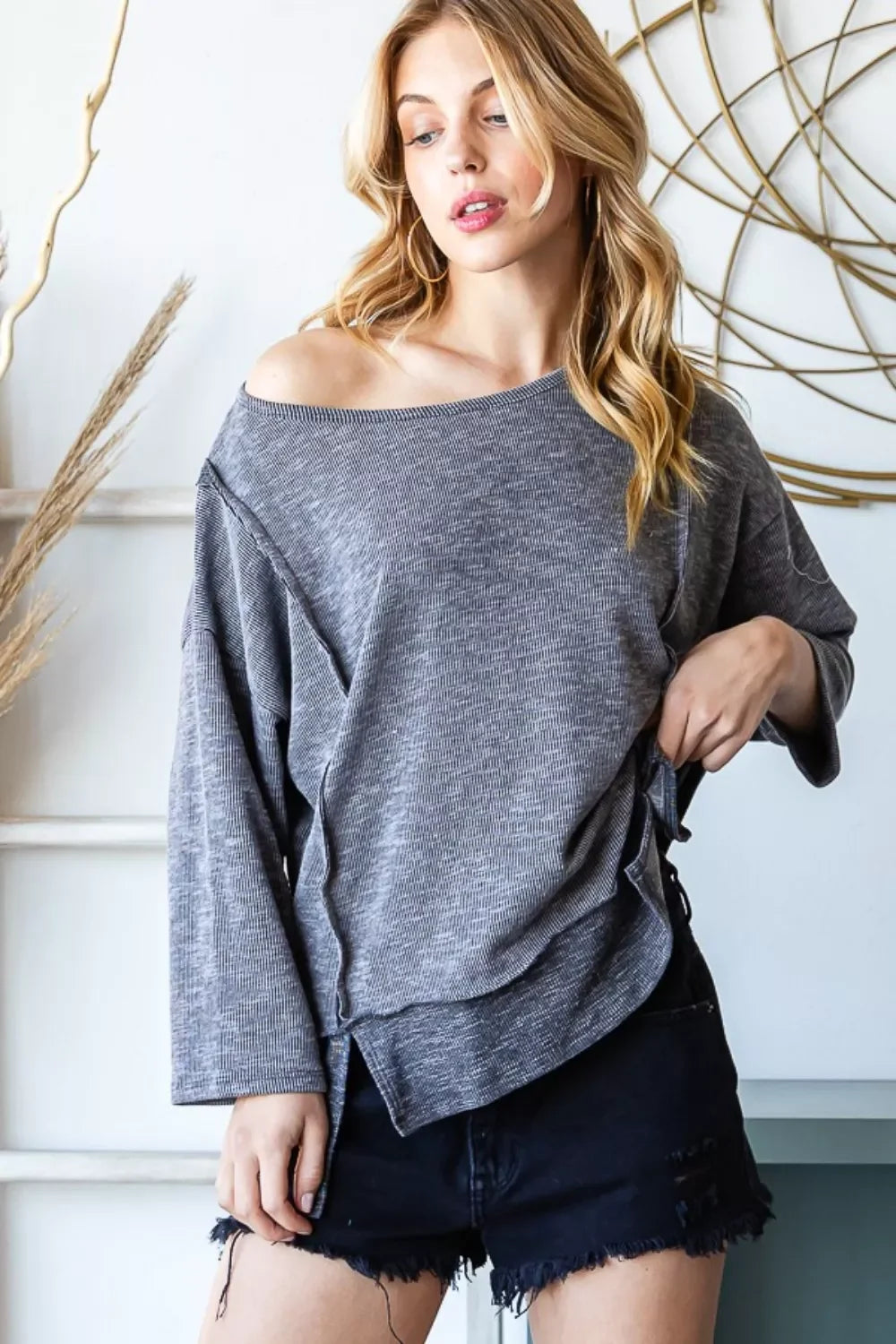 Relaxed Fit Boat Neck Exposed Seam Slit Top Three Quarter Sleeve - Southern Shores Clothing