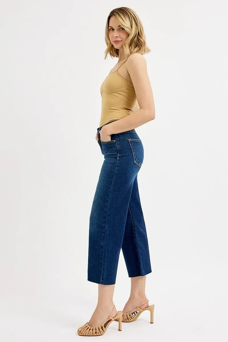 Plus Size High Rise Crop Wide Denim Jeans Tummy Control - Southern Shores Clothing