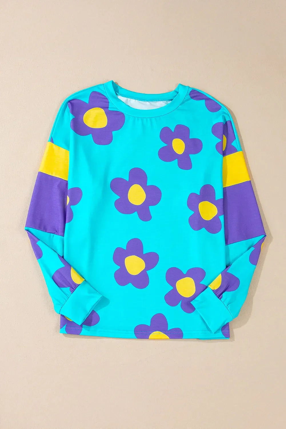 Contrast Flower Long Sleeve Round Neck Blouse - Southern Shores Clothing