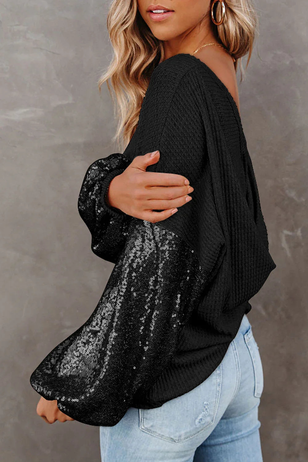 Southern Shores Clothing Sequin Waffle Knit Blouse In 100 Percent Polyester Fabric For Everyday Wear - Southern Shores Clothing