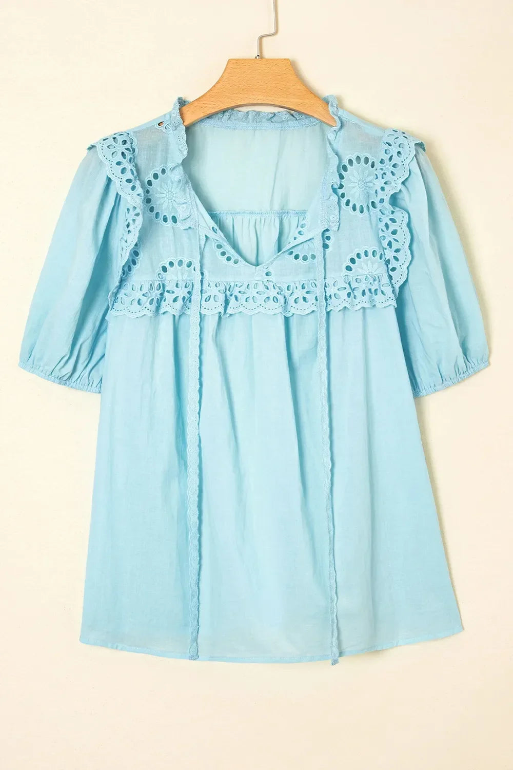 Breathable Cotton Blouse With Eyelet Lace Trim Puff Sleeves - Southern Shores Clothing