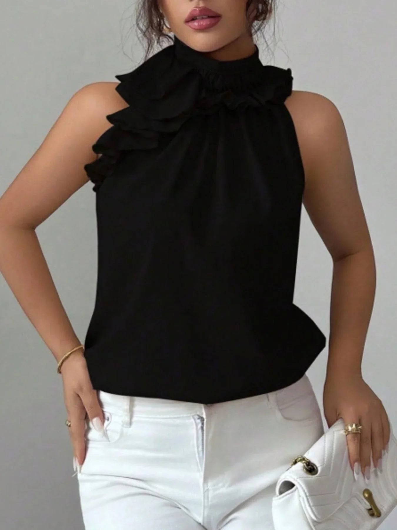 Ruffled High Neck Sleeveless Top With Draped Silhouette Detail - Southern Shores Clothing