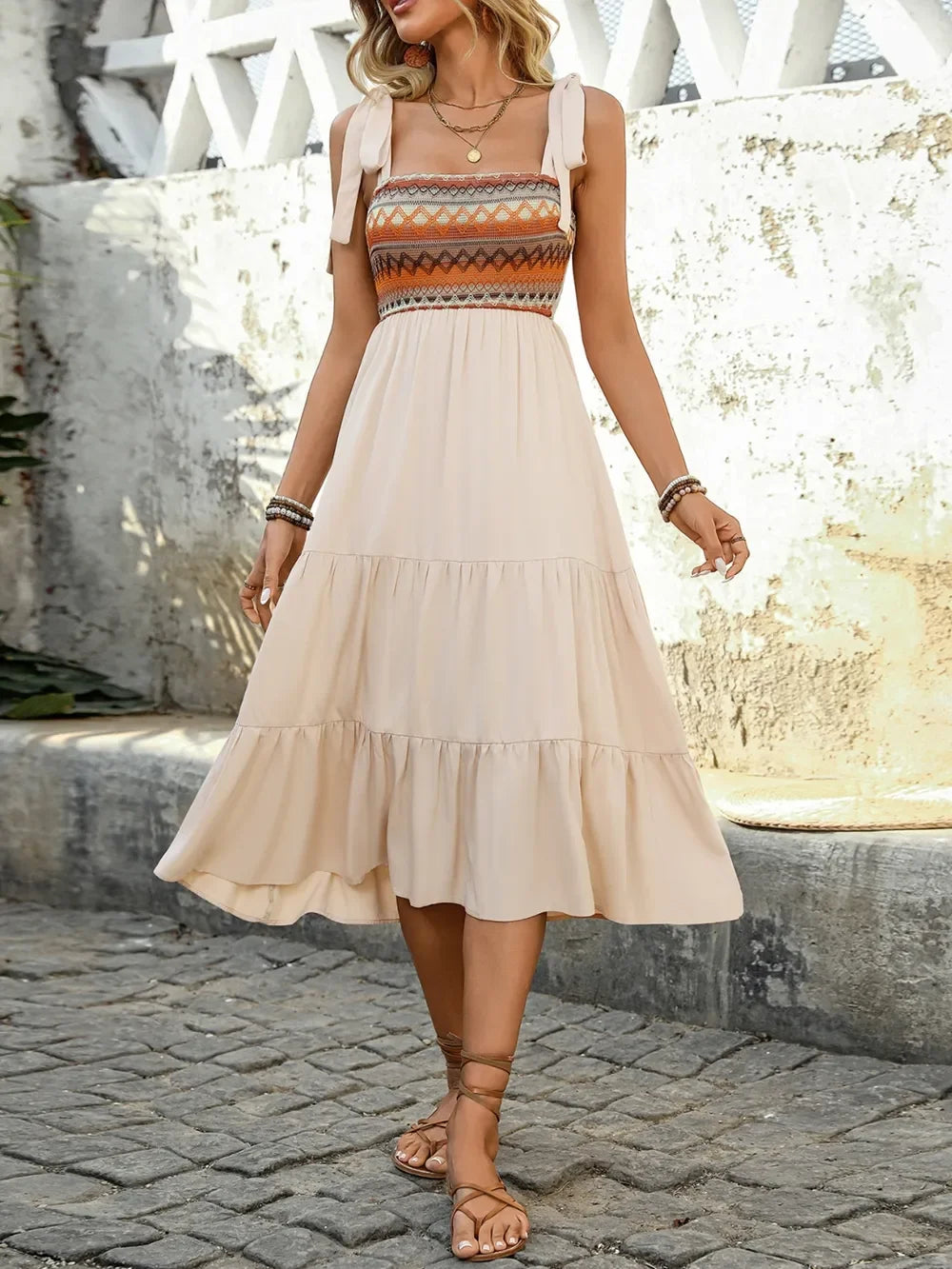 Smocked Bodice Tie Shoulder Square Neck Tiered Midi Dress - Southern Shores Clothing