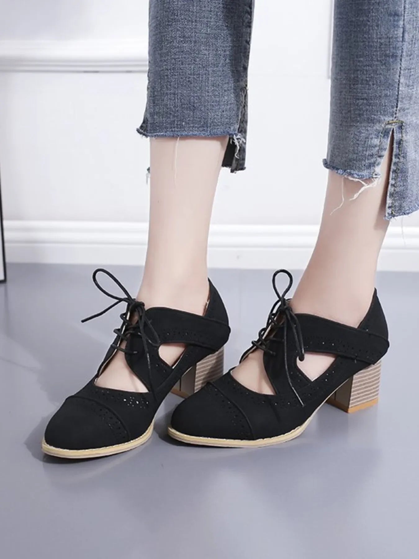 Lace-Up Block Heel Pumps Low Heel Dressy - Southern Shores Clothing