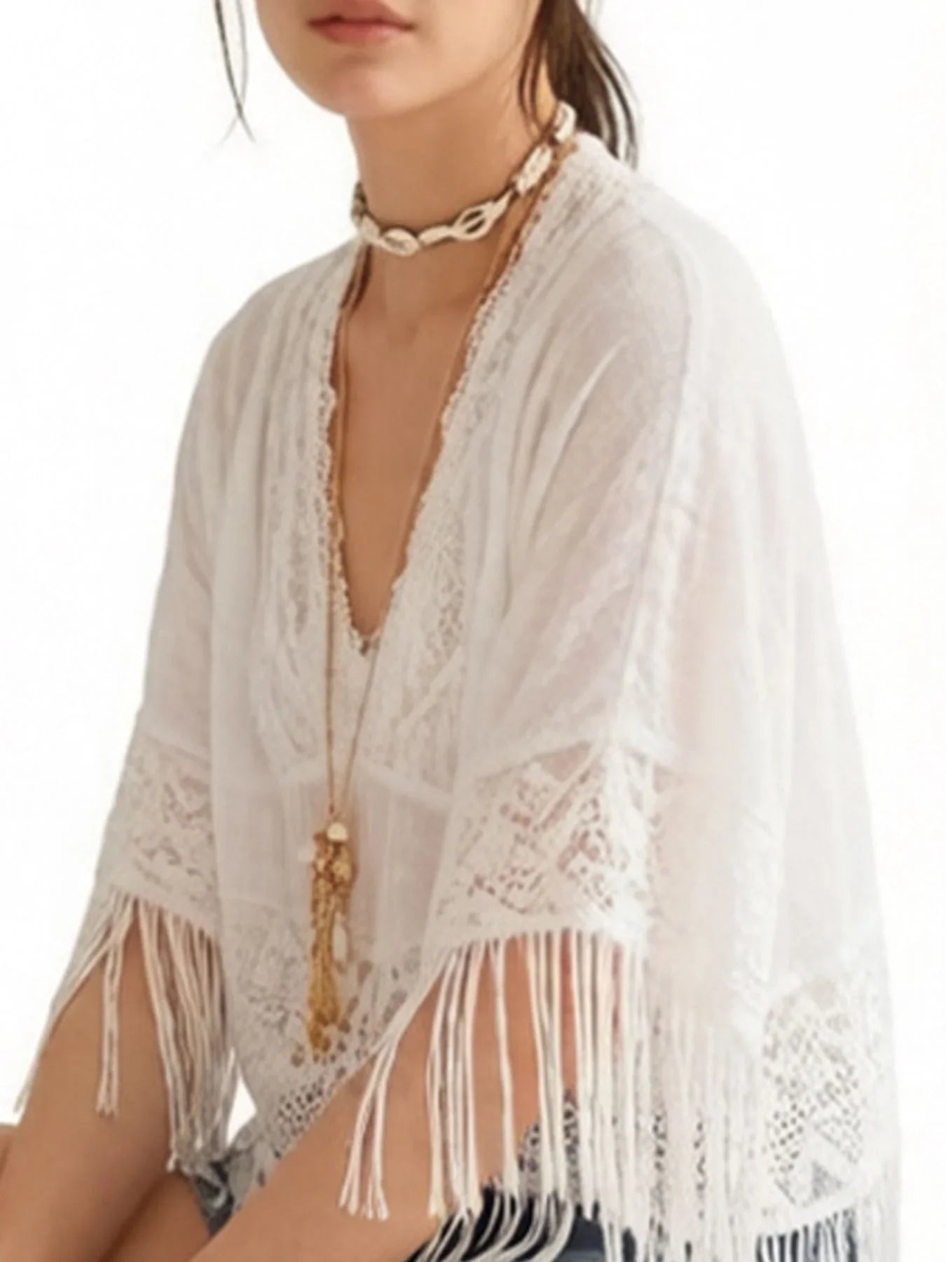 Lace Fringe Sheer Cover Up With Fringed Hem For Swimwear - Southern Shores Clothing