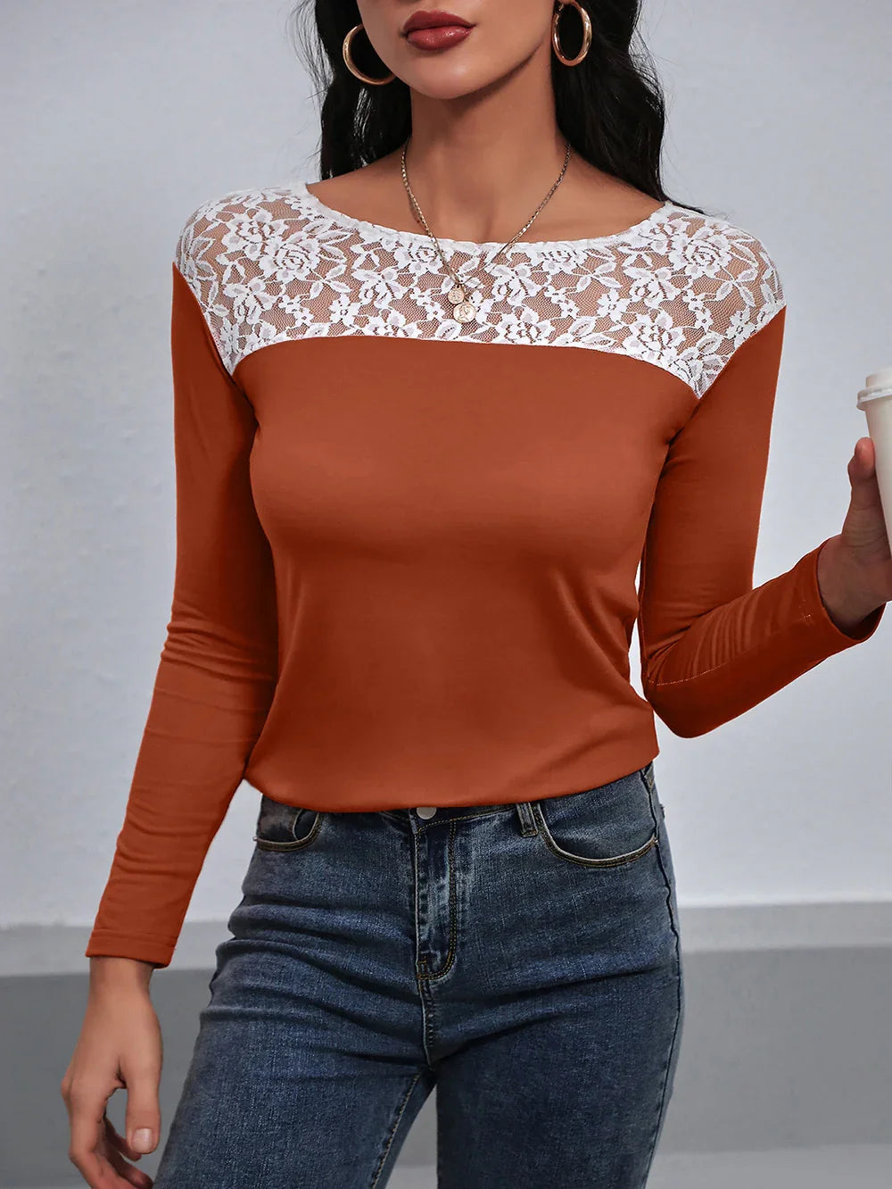 Lace Trim Long Sleeve Round Neck Tee For Casual Wear - Southern Shores Clothing