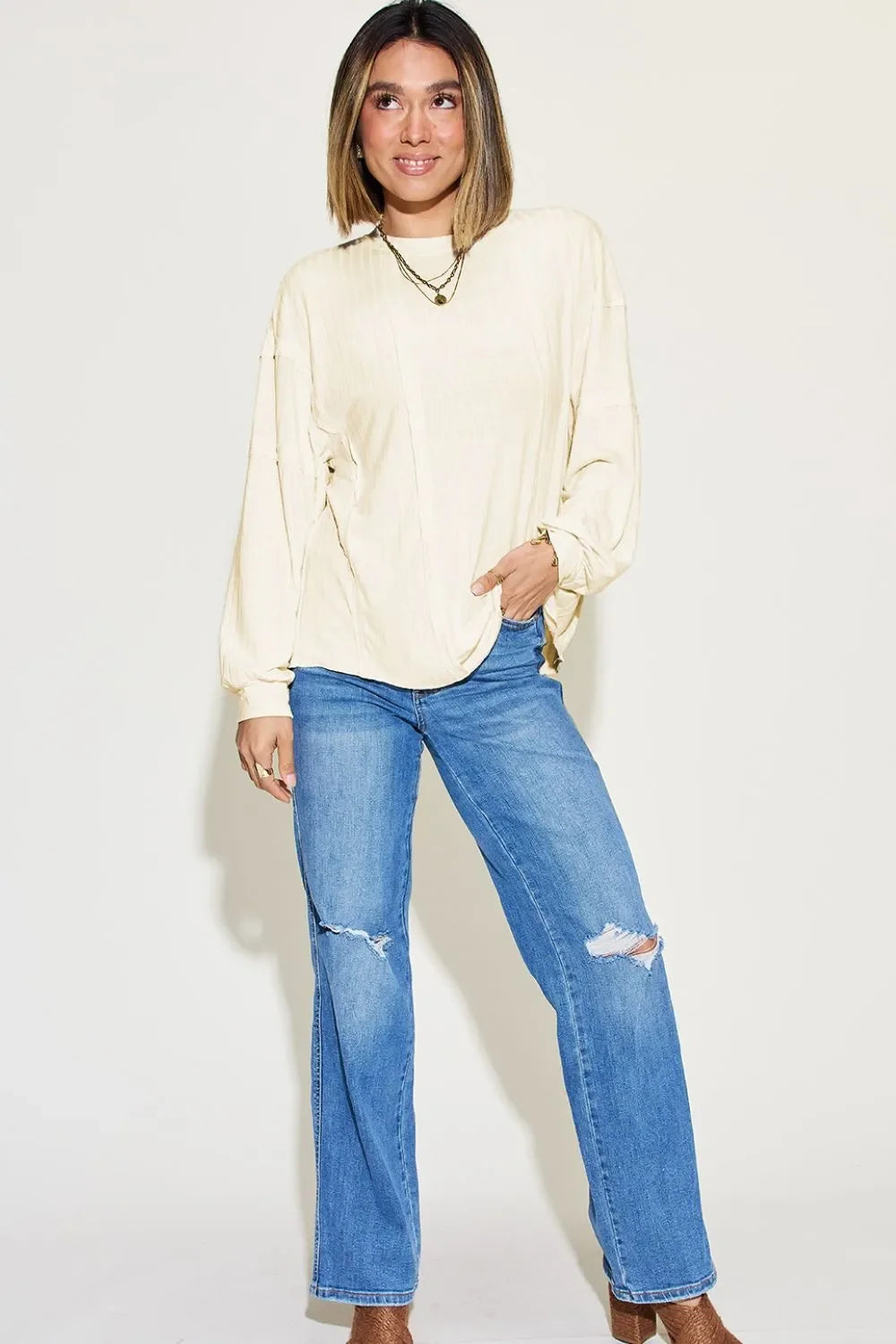 Ribbed Round Neck Long Sleeve T Shirt Basics - Southern Shores Clothing