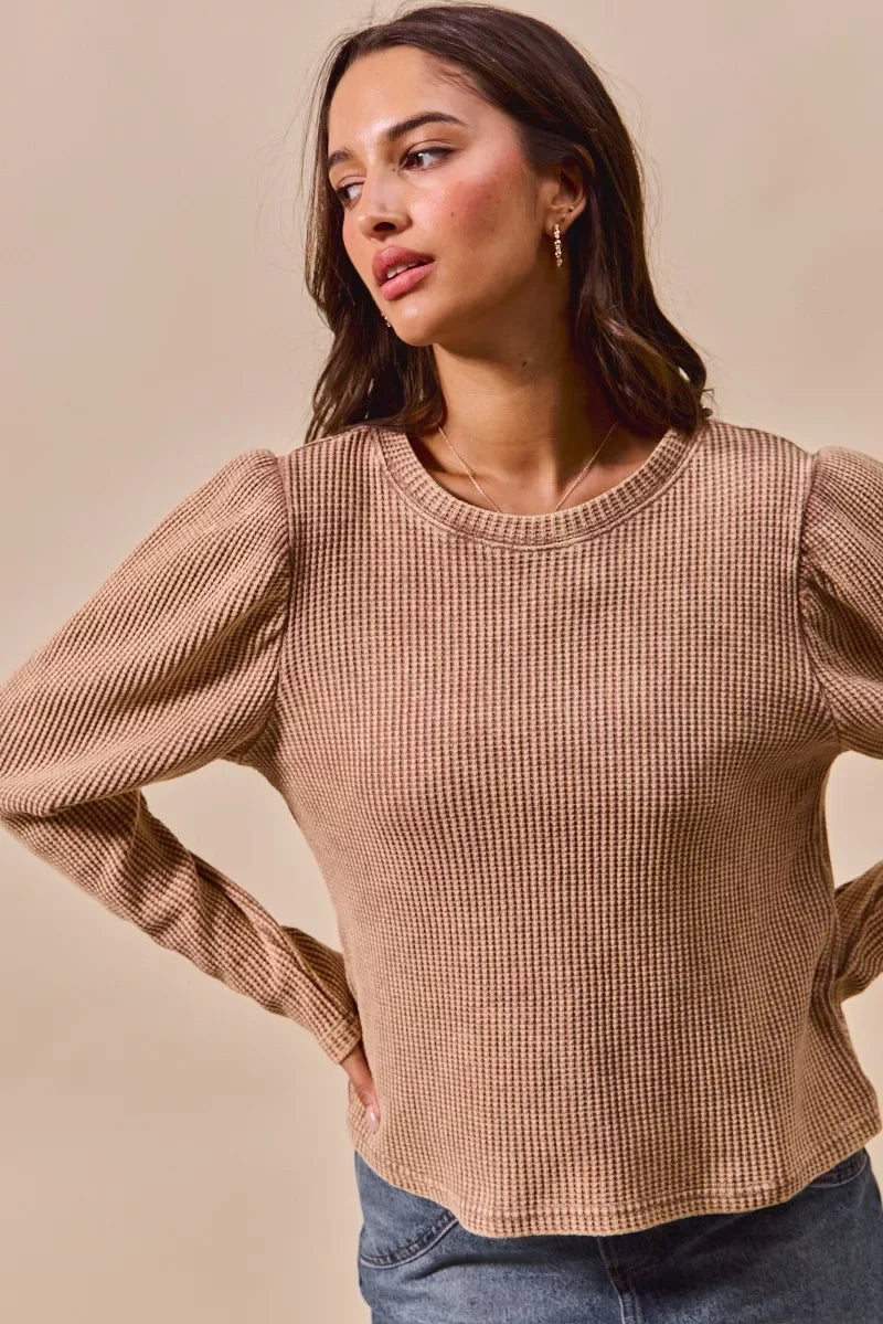 Mineral Washed Waffle Top With Puff Sleeves - Southern Shores Clothing