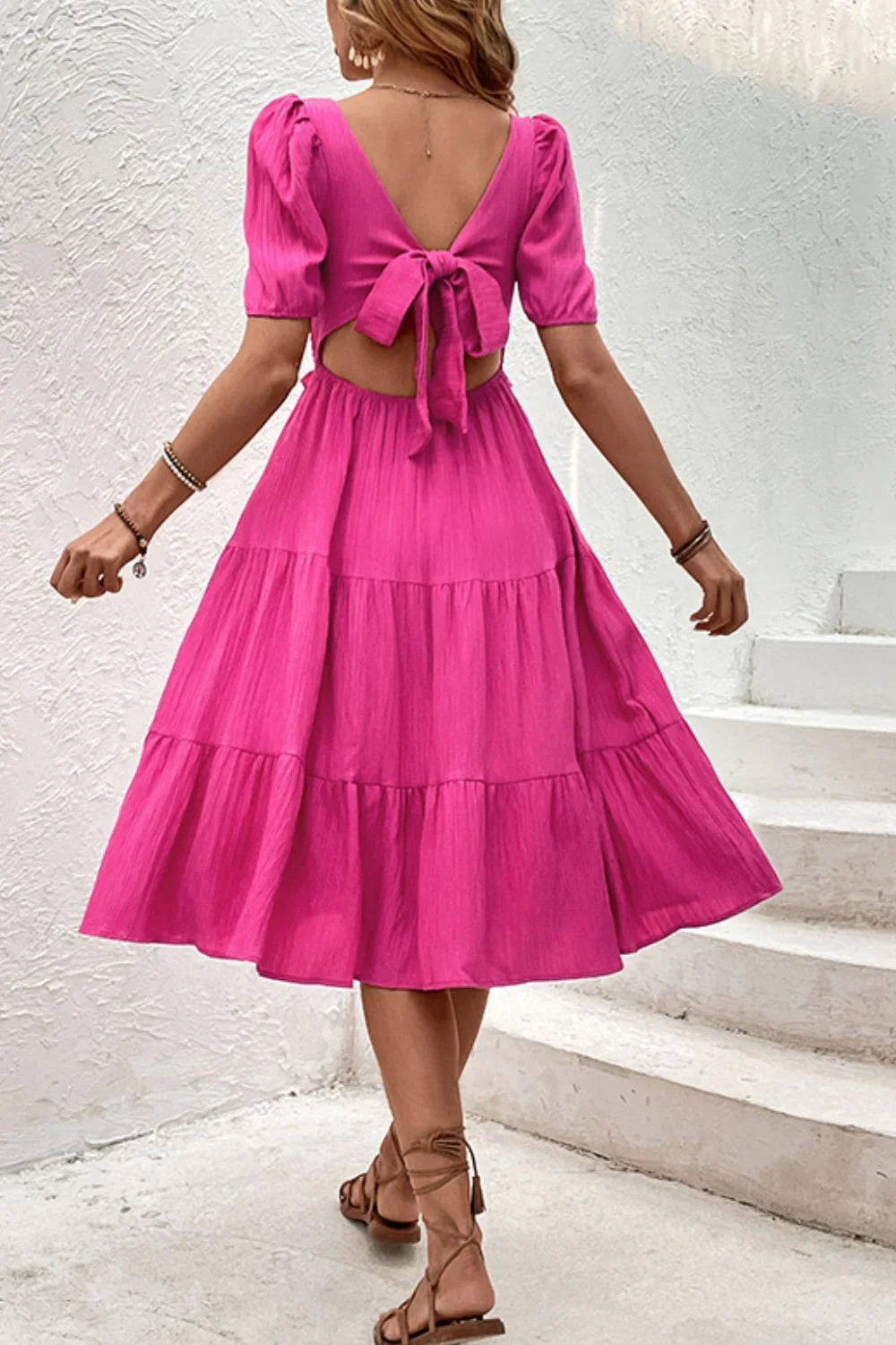 Perfee Square Neck Puff Sleeve Cutout Dress - Southern Shores Clothing
