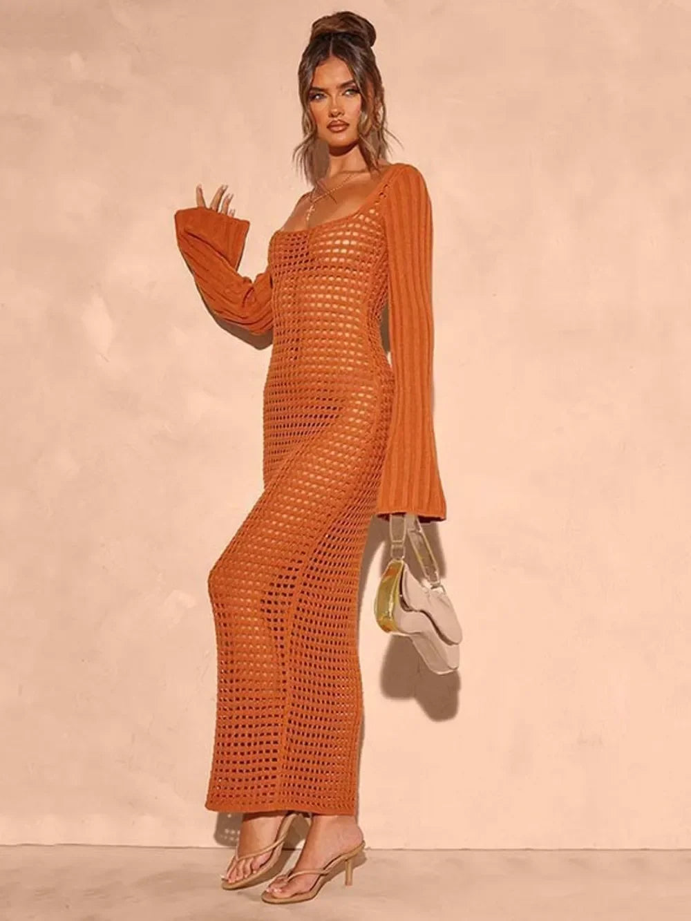 Sheer Openwork Flare Sleeve Cover Up Dress - Southern Shores Clothing