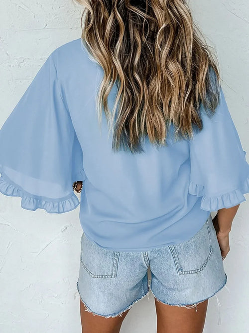 Frill Solid Round Neck Half Sleeve Blouse Polyester - Southern Shores Clothing
