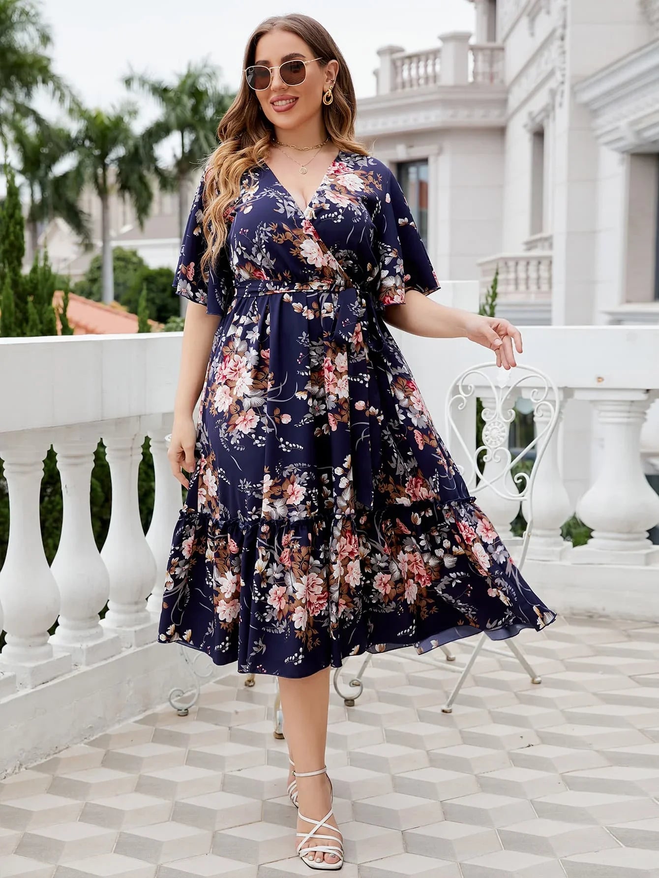 Honey Plus Size Floral Surplice Neck Midi Dress - Southern Shores Clothing
