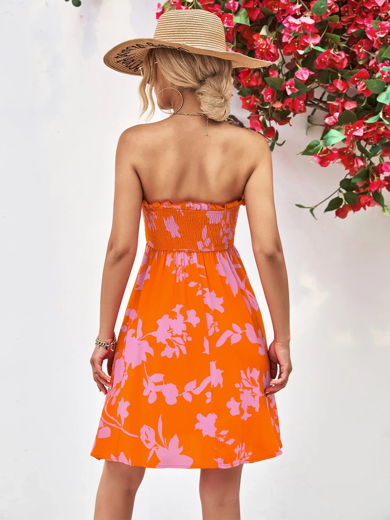 Floral Frill Trim Strapless Smocked Dress - Southern Shores Clothing