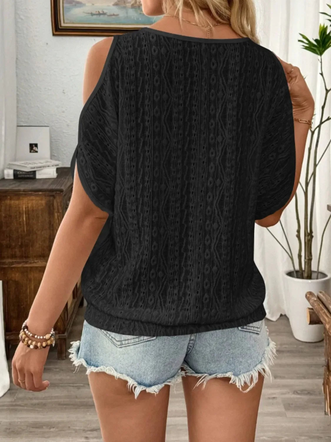Eyelet Cold Shoulder Blouse With Round Neck - Southern Shores Clothing