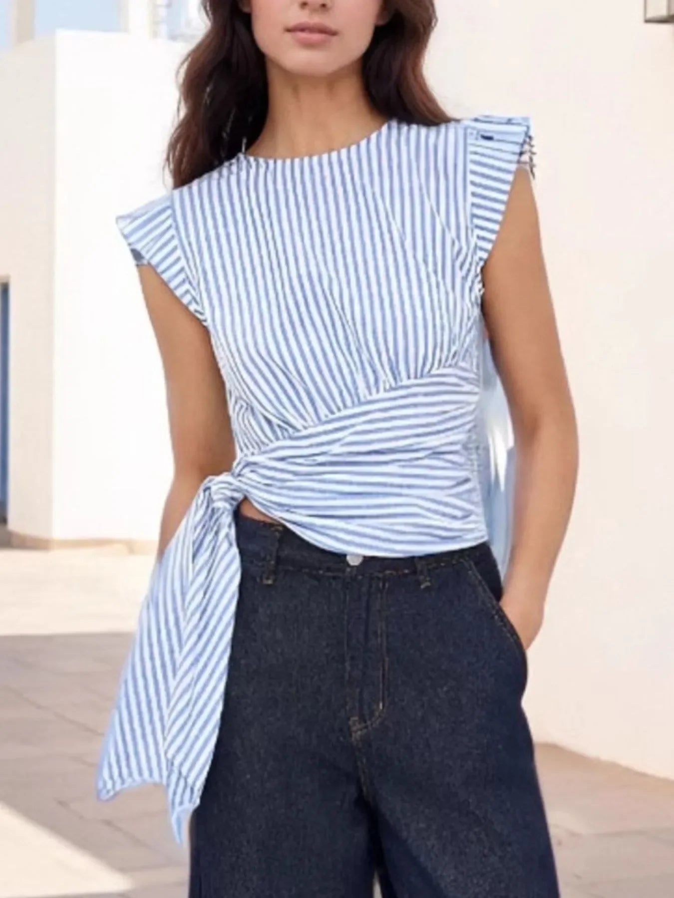 Striped Tied Cap Sleeve Polyester Blouse - Southern Shores Clothing