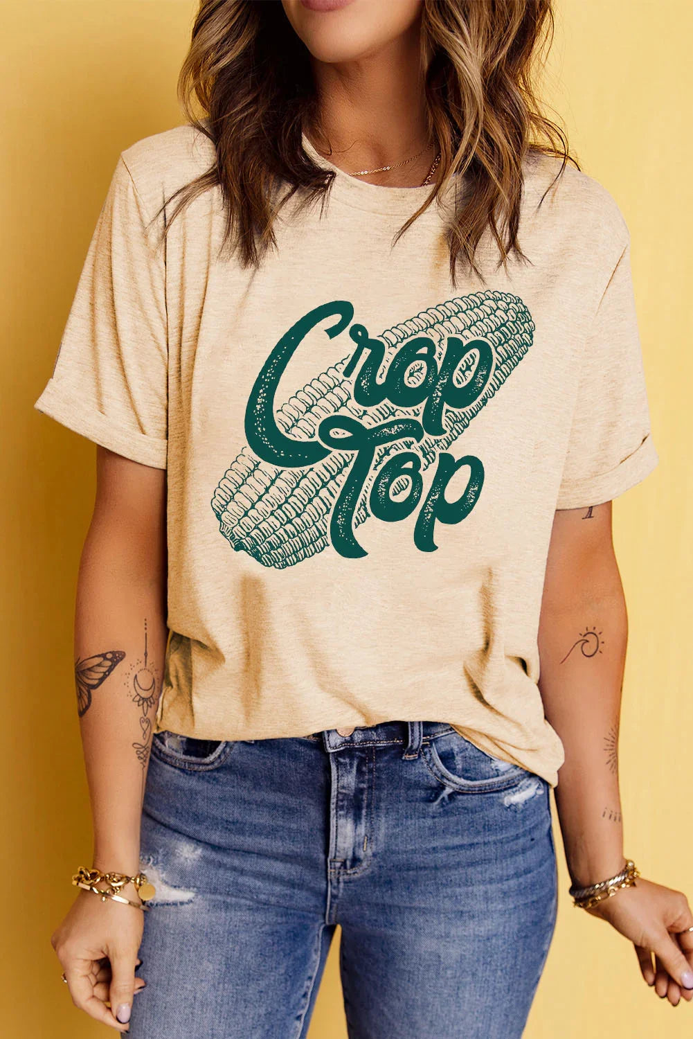 Corn Letter Graphic Cuffed Short Sleeve T Shirt - Southern Shores Clothing