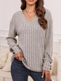 Ribbed V-Neck Long Sleeve Buttoned Stretchy Top - Southern Shores Clothing