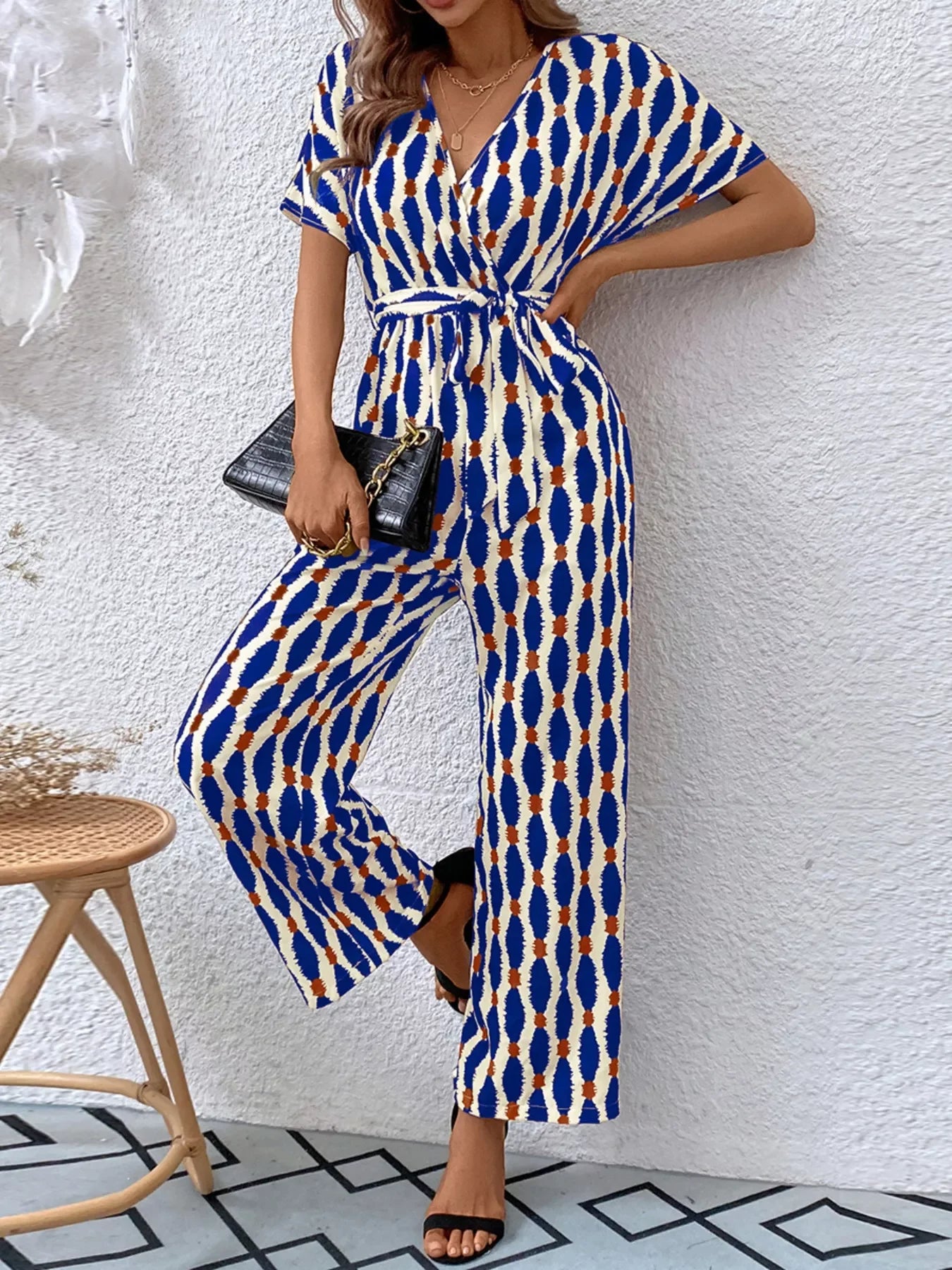 Printed Surplice Tie Waist Short Sleeve Jumpsuit - Southern Shores Clothing