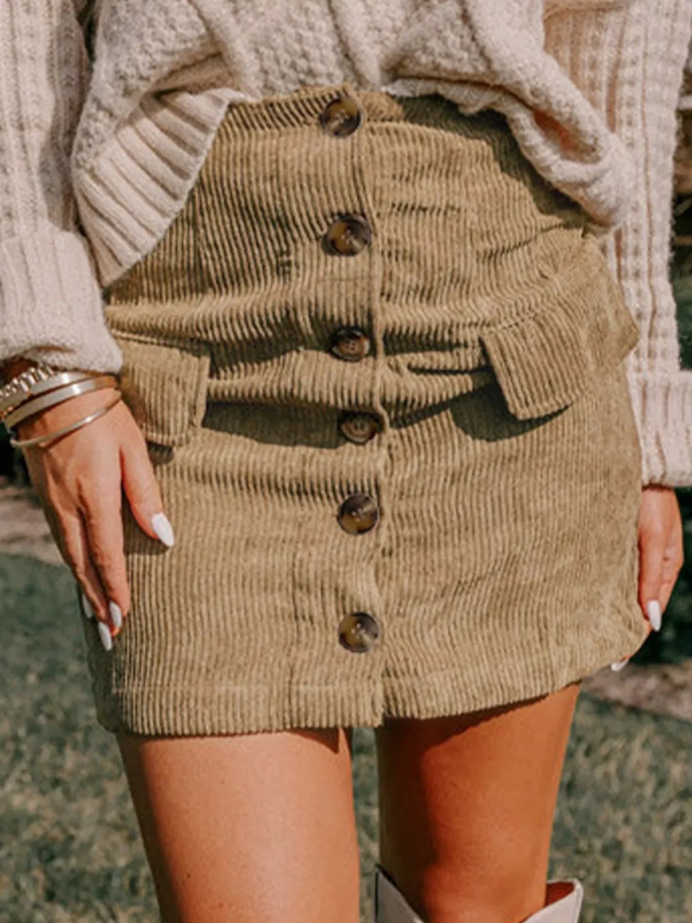 Corduroy Buttoned Front Mini Skirt Casual Daywear - Southern Shores Clothing